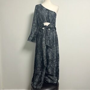 Geisha Designs Black Gray Animal Burnout Velvet One Sleeve Wide Leg Jumpsuit NWT